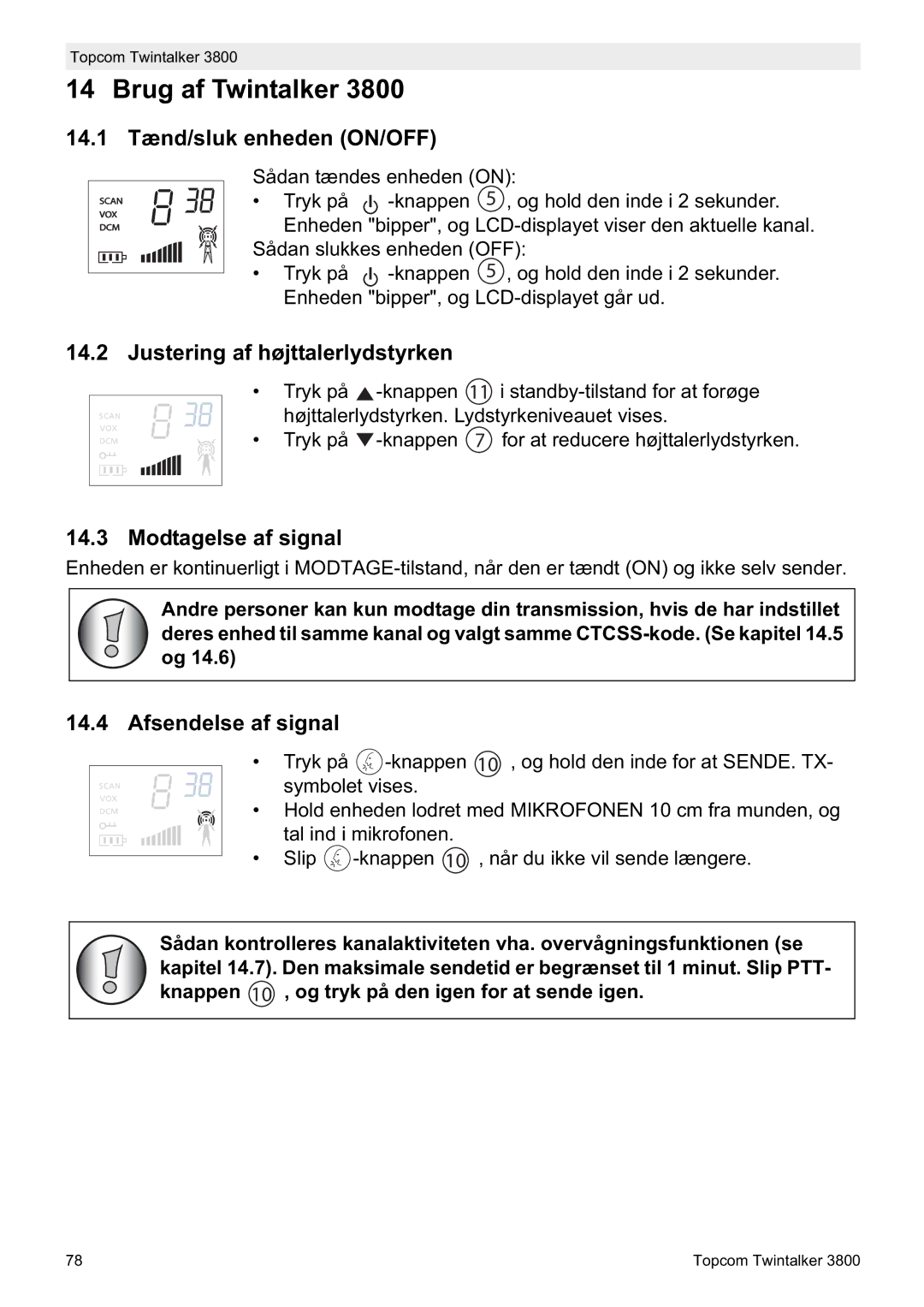 Topcom 3800 Brug af Twintalker, 14.1 Tænd/sluk enheden ON/OFF, Justering af højttalerlydstyrken, Modtagelse af signal 