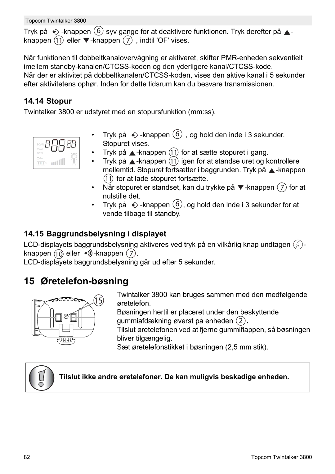 Topcom 3800 manual do utilizador 15 Øretelefon-bøsning, Stopur, Baggrundsbelysning i displayet 