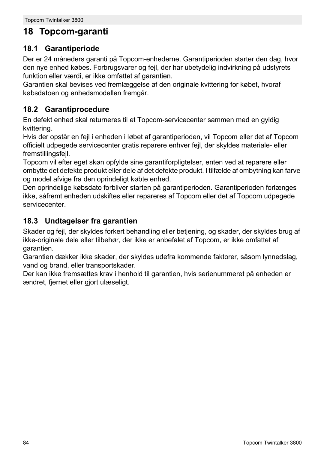 Topcom 3800 manual do utilizador Topcom-garanti, Garantiperiode, Garantiprocedure, Undtagelser fra garantien 