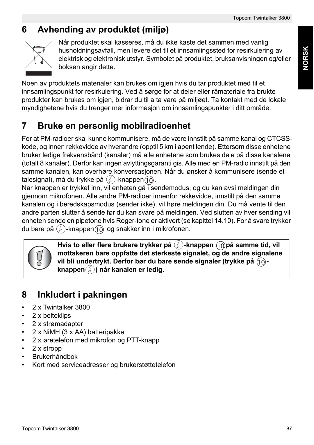 Topcom 3800 manual do utilizador Avhending av produktet miljø, Bruke en personlig mobilradioenhet, Inkludert i pakningen 