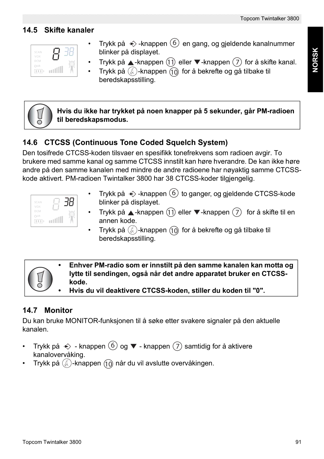 Topcom 3800 manual do utilizador Skifte kanaler, Ctcss Continuous Tone Coded Squelch System 