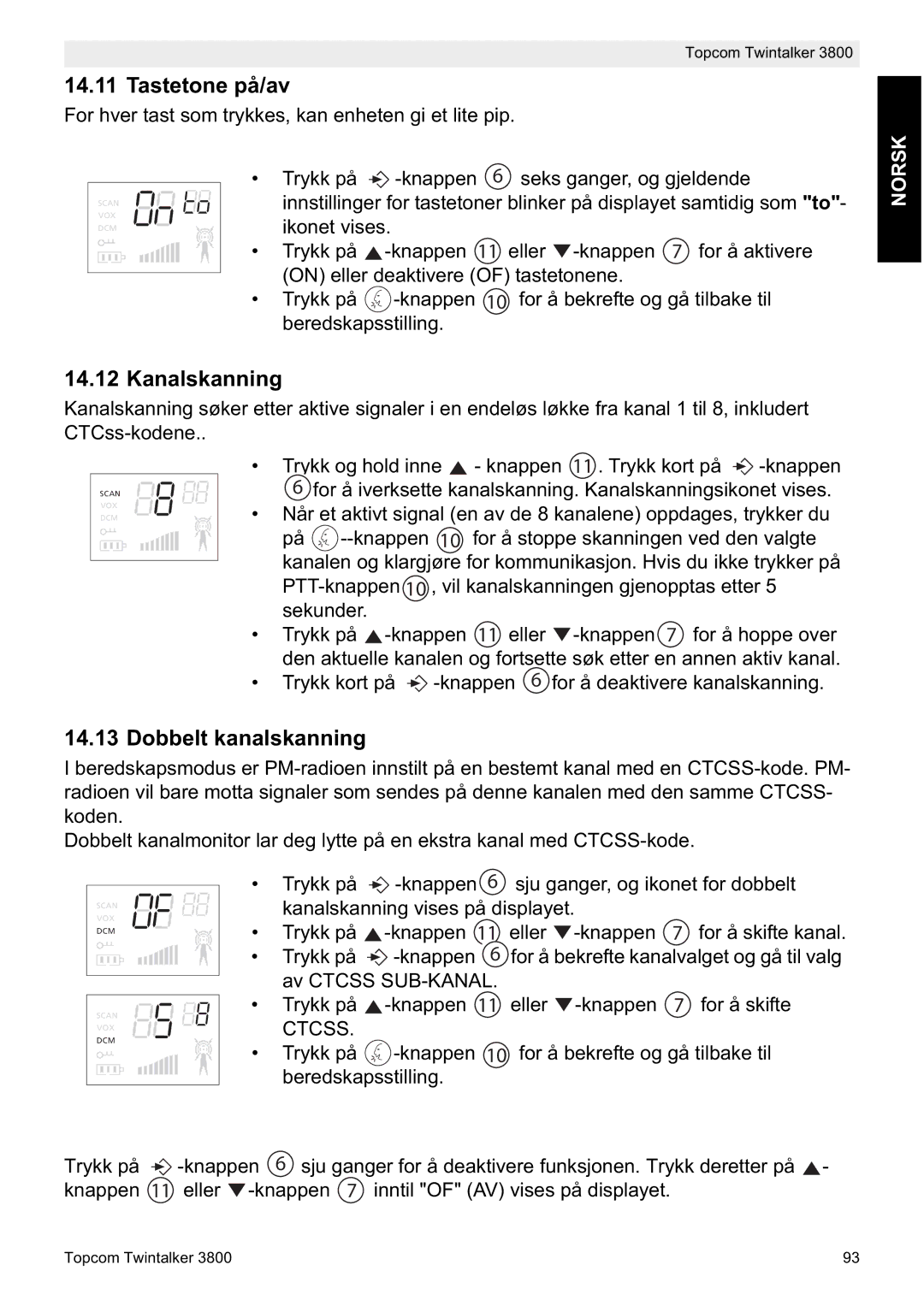 Topcom 3800 manual do utilizador Tastetone på/av, Kanalskanning, Dobbelt kanalskanning 