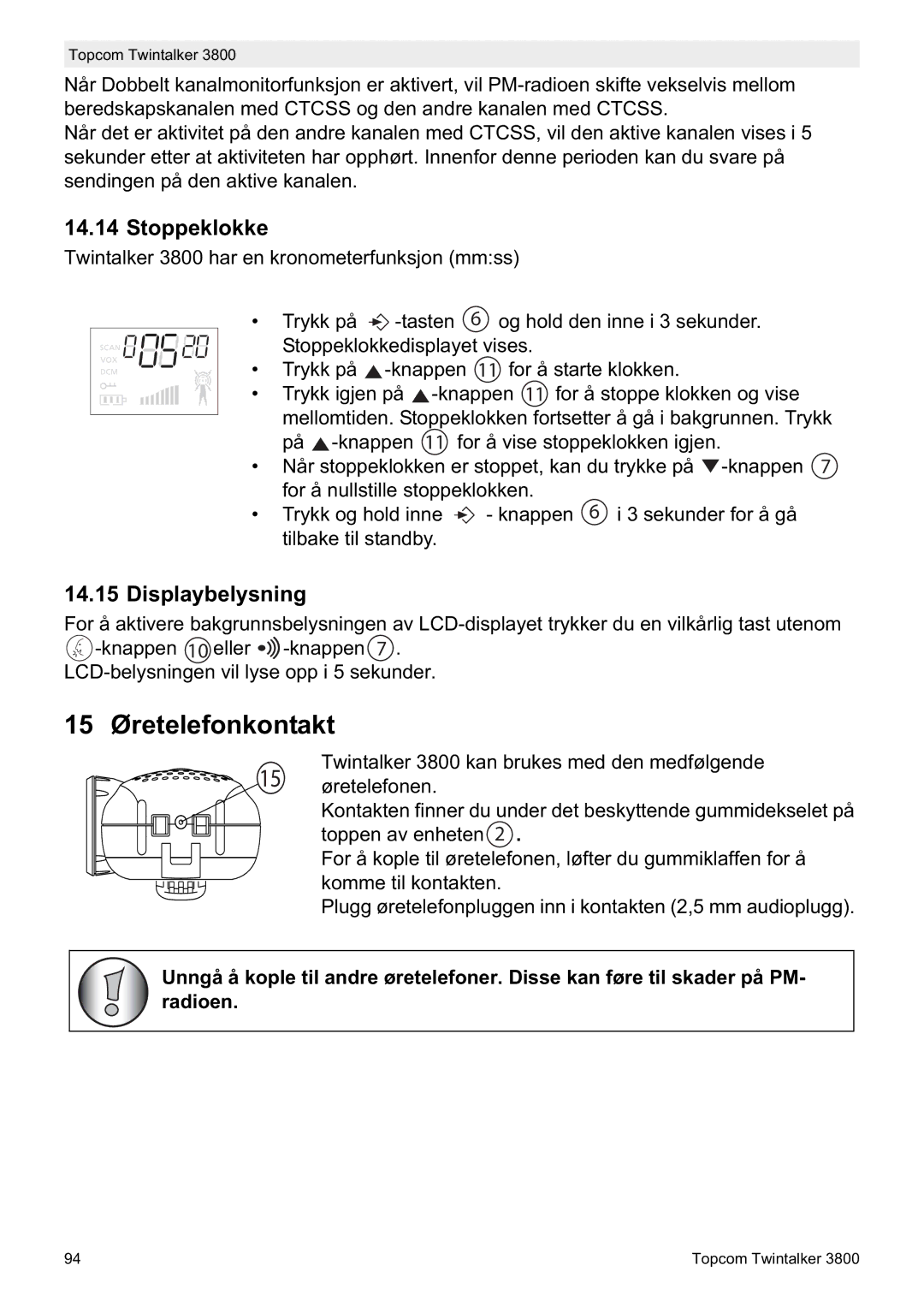 Topcom 3800 manual do utilizador 15 Øretelefonkontakt, Stoppeklokke, Displaybelysning 