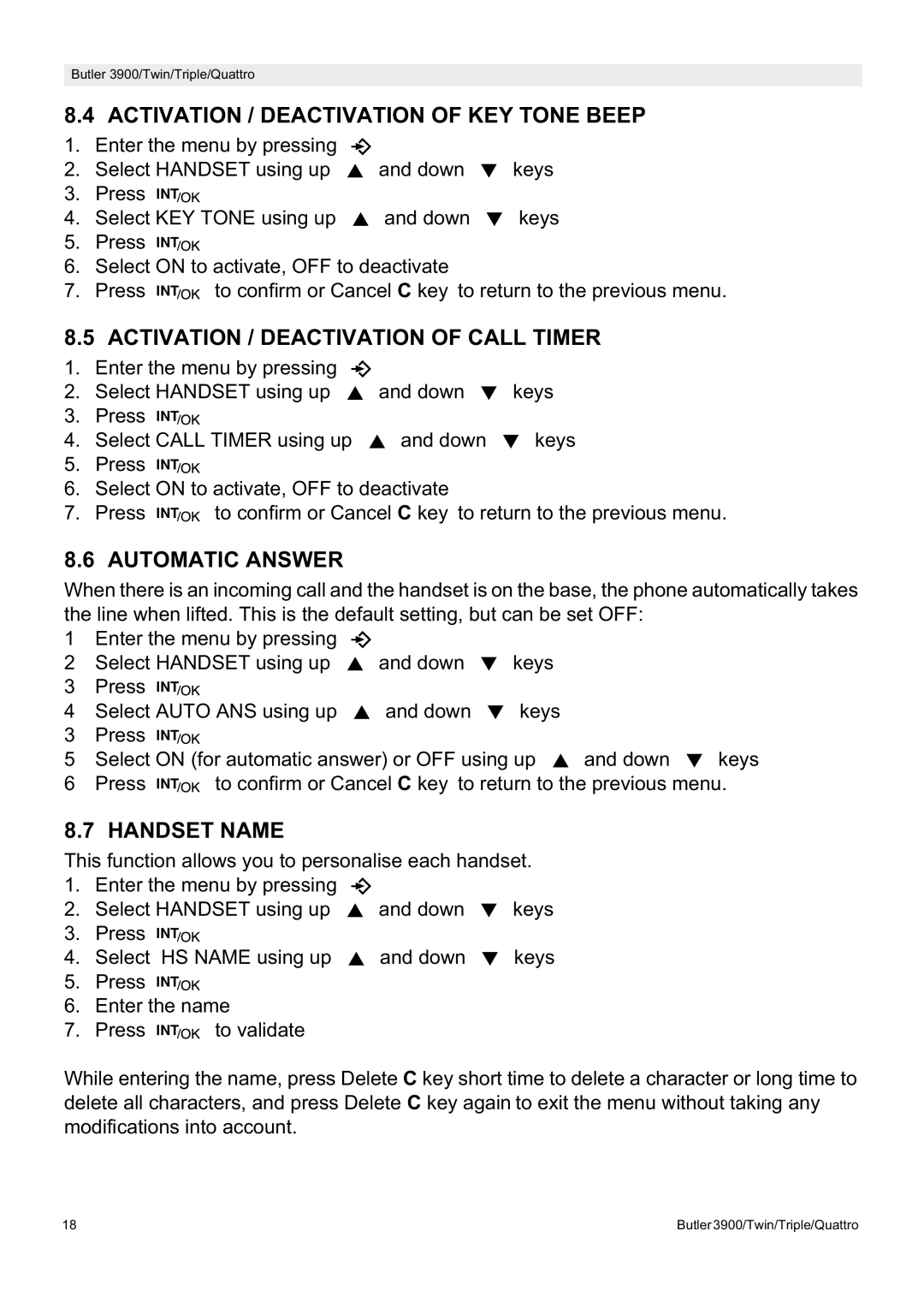 Topcom 3900 manual Activation / Deactivation of KEY Tone Beep, Activation / Deactivation of Call Timer, Automatic Answer 