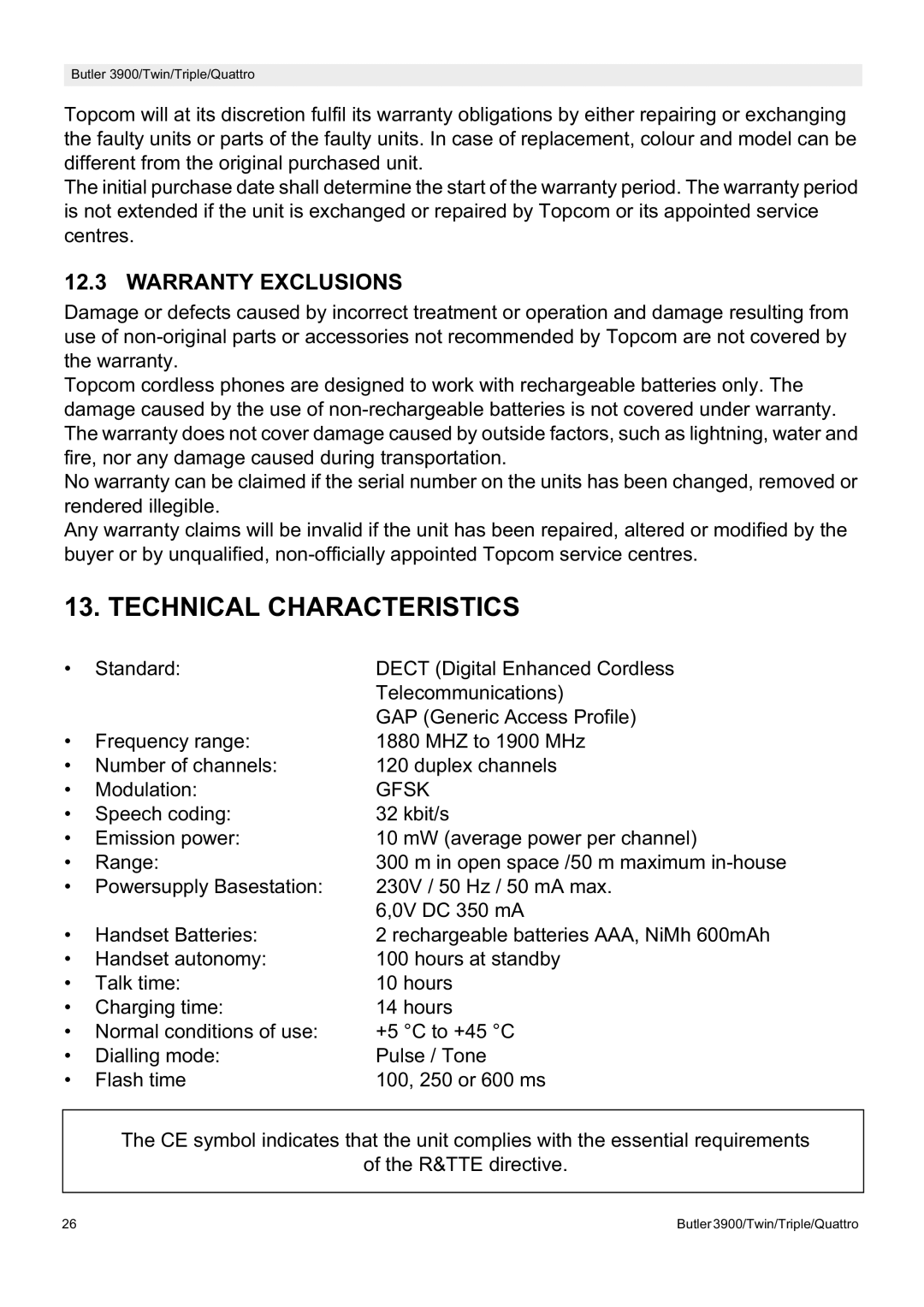 Topcom 3900 manual Technical Characteristics, Warranty Exclusions 