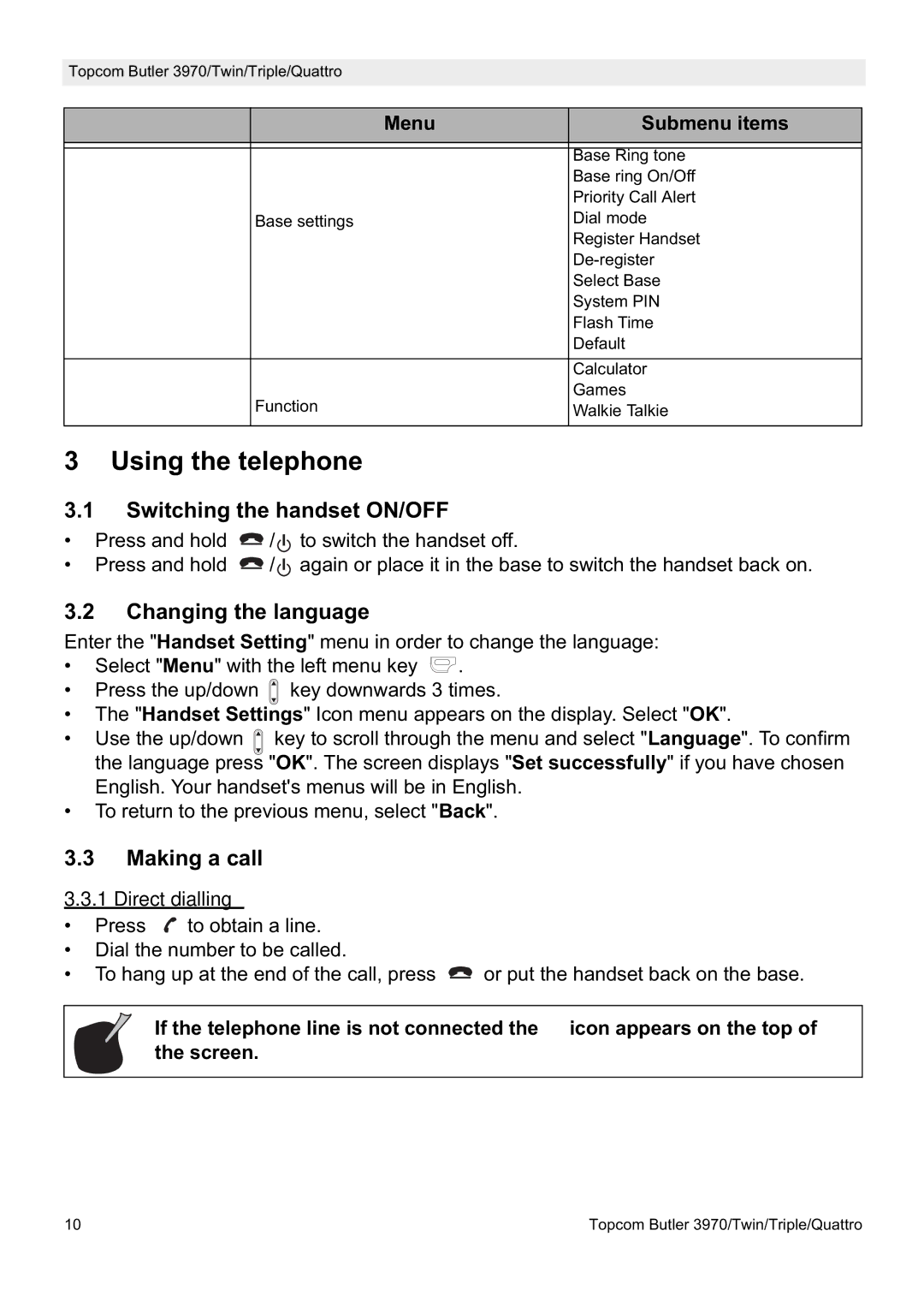 Topcom 3970 manual Using the telephone, Switching the handset ON/OFF, Changing the language, Making a call, Direct dialling 