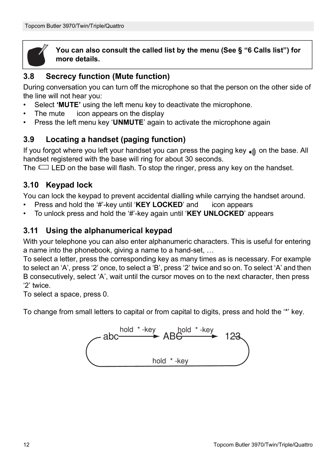 Topcom 3970 manual Secrecy function Mute function, Locating a handset paging function, Keypad lock 