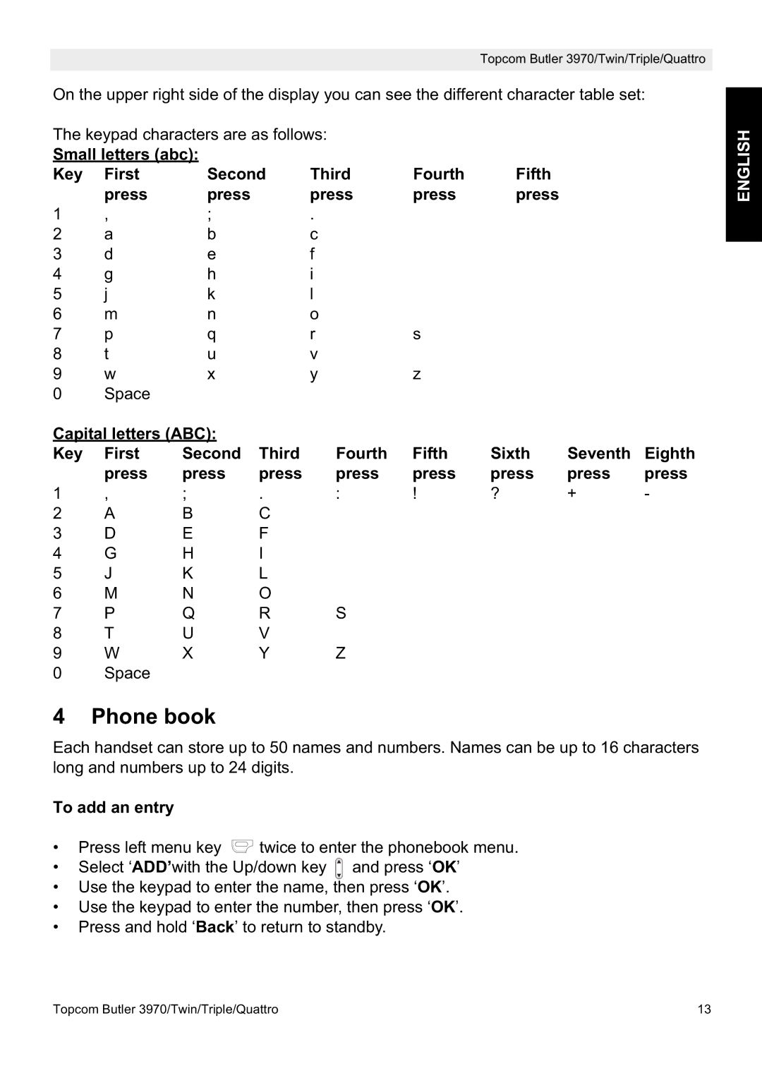 Topcom 3970 manual Phone book, Small letters abc Key First Second Third Fourth Fifth Press, To add an entry 