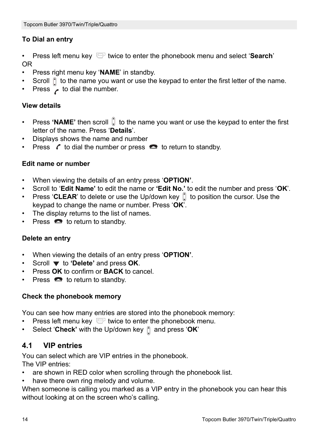 Topcom 3970 manual VIP entries 