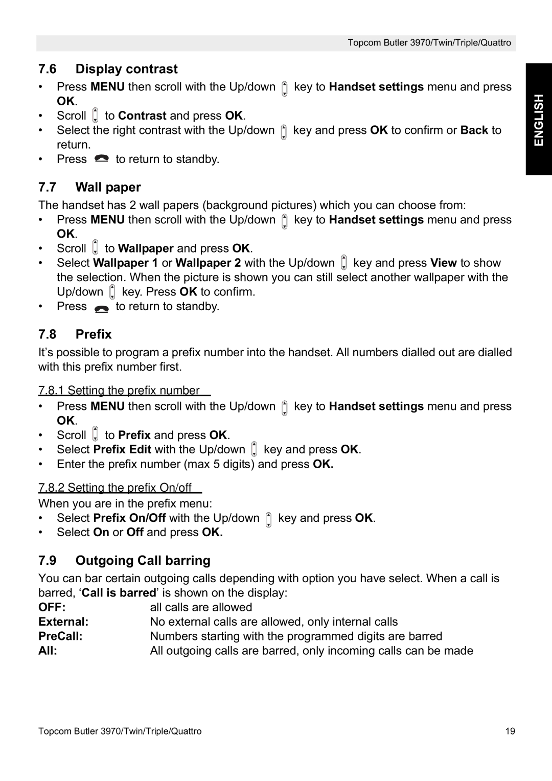 Topcom 3970 manual Display contrast, Wall paper, Prefix, Outgoing Call barring 