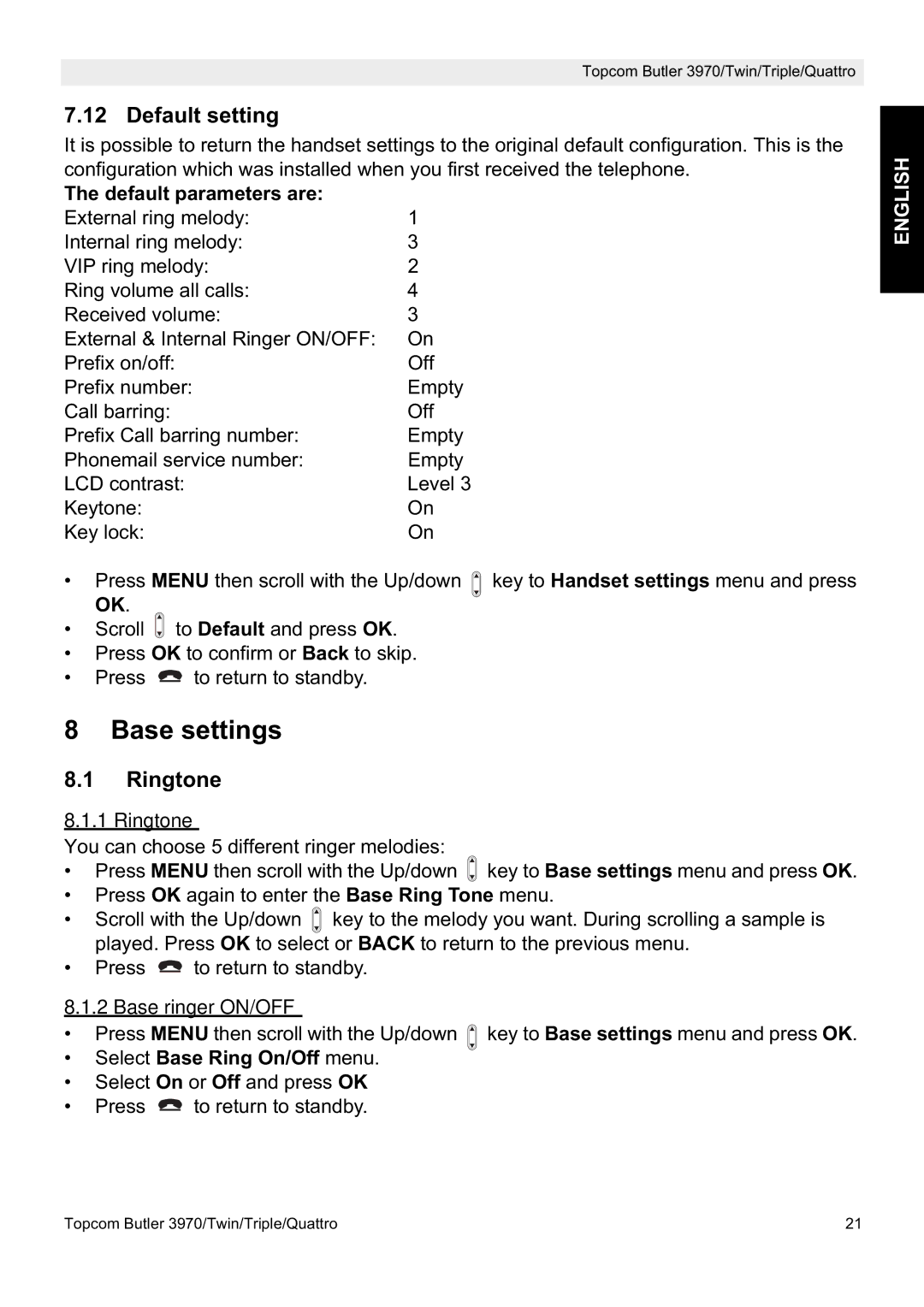 Topcom 3970 manual Base settings, Default setting, Ringtone, Base ringer ON/OFF 