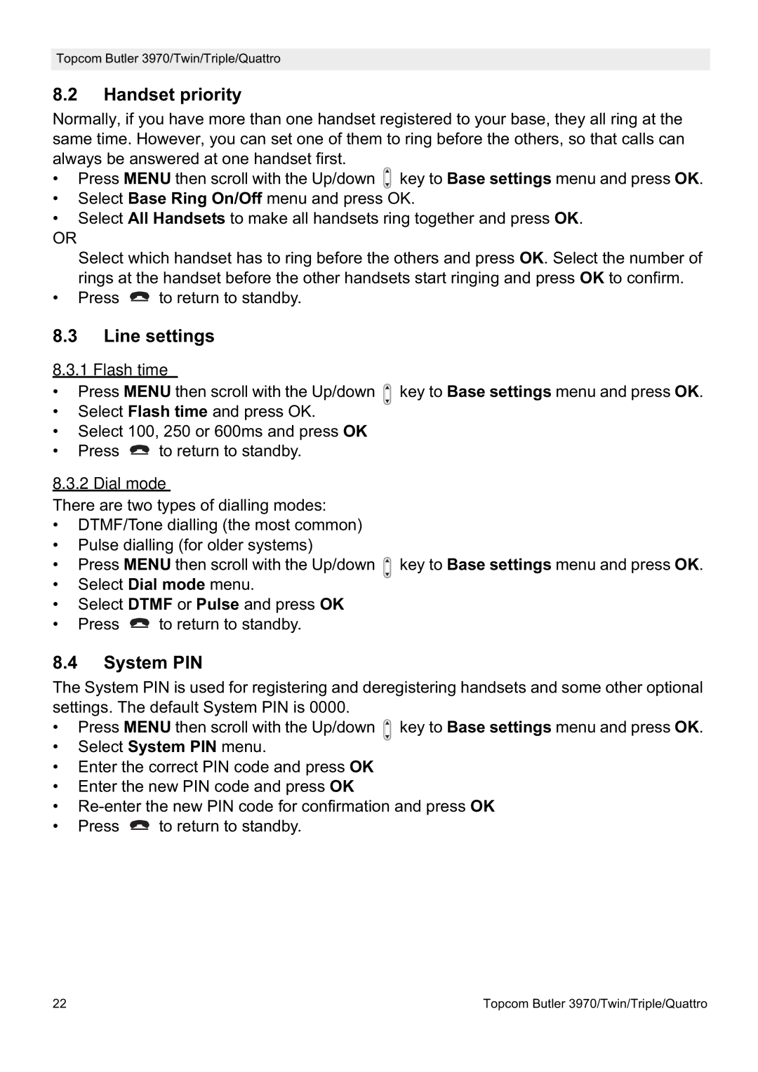 Topcom 3970 manual Handset priority, Line settings, System PIN, Flash time, Dial mode 