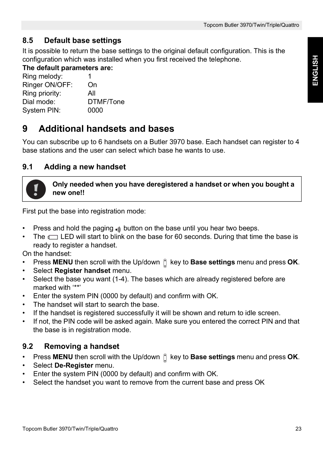 Topcom 3970 manual Additional handsets and bases, Default base settings, Adding a new handset, Removing a handset 