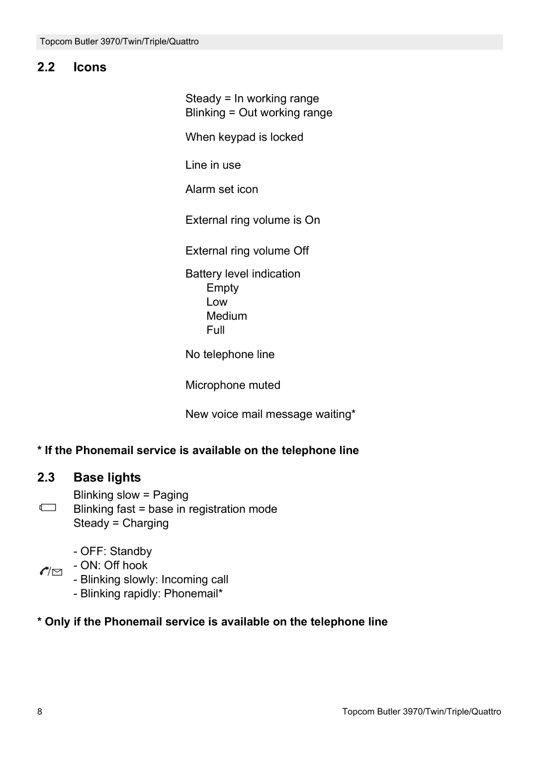 Topcom 3970 manual Icons, Base lights, If the Phonemail service is available on the telephone line 