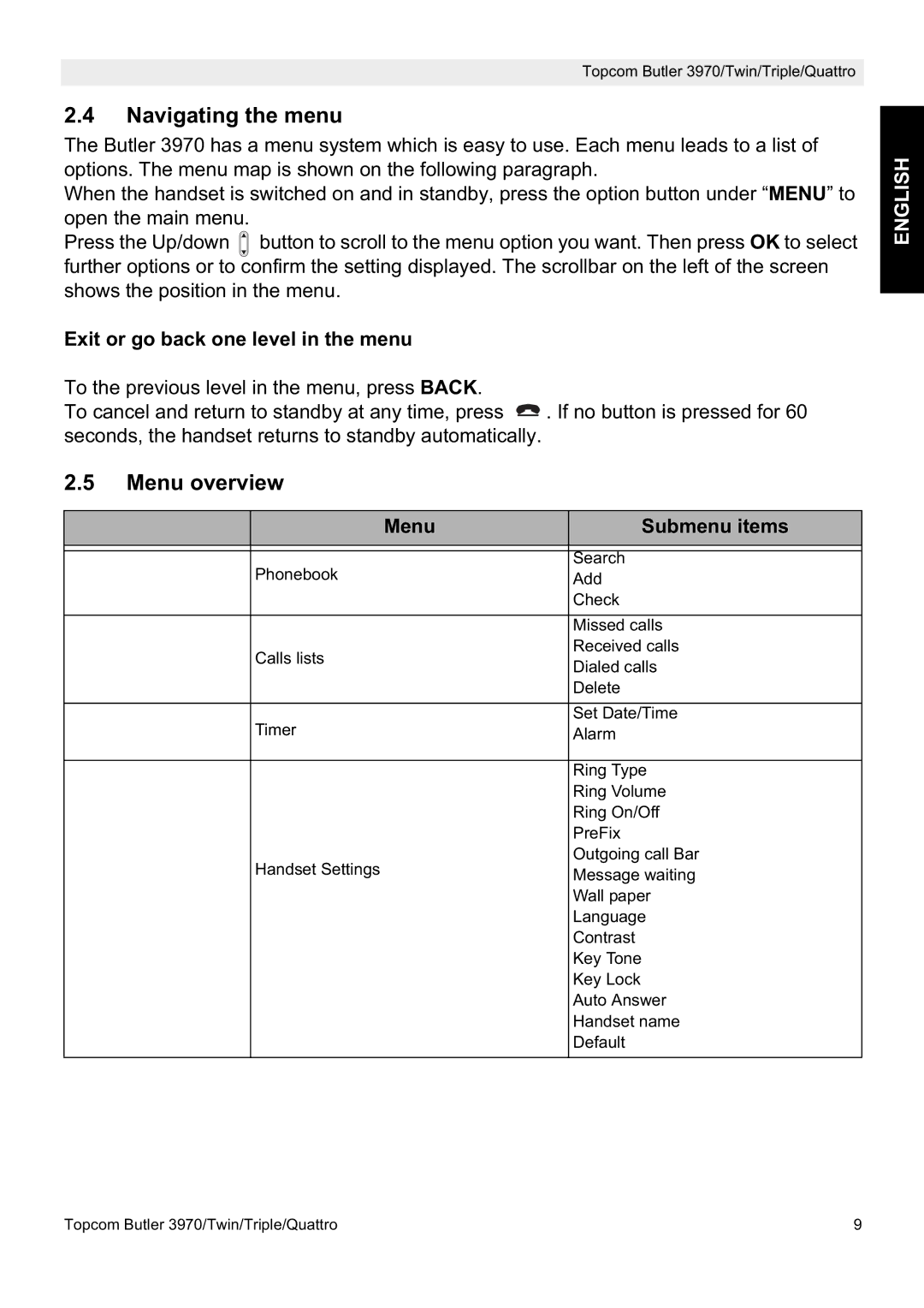 Topcom 3970 manual Navigating the menu, Menu overview, Exit or go back one level in the menu, Menu Submenu items 