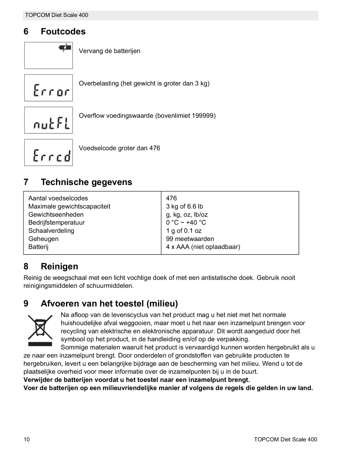 Topcom 400 manual do utilizador Foutcodes, Technische gegevens, Reinigen, Afvoeren van het toestel milieu 