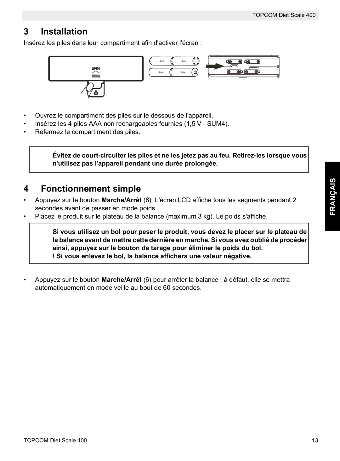 Topcom 400 manual do utilizador Installation, Fonctionnement simple 