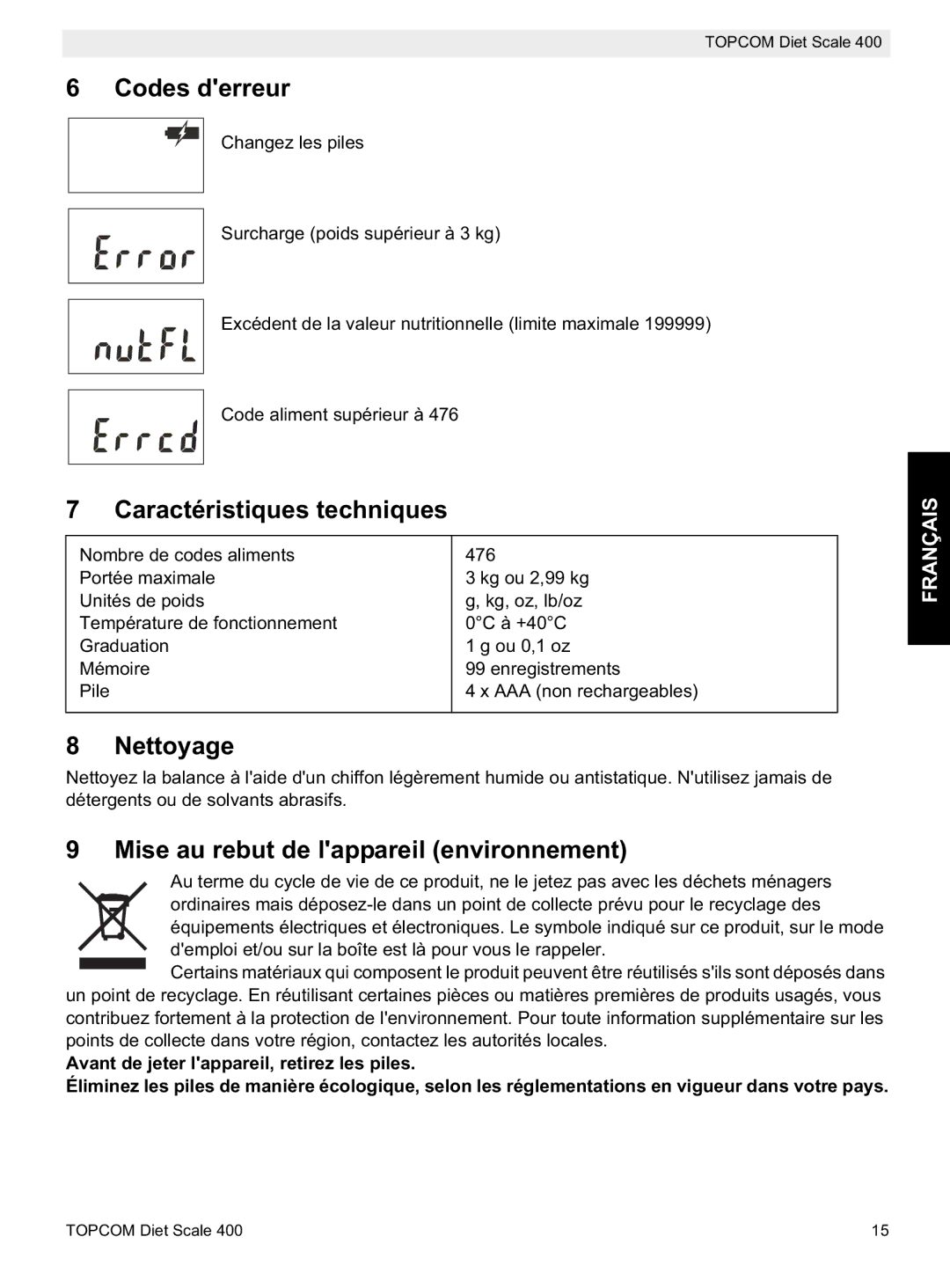 Topcom 400 Codes derreur, Caractéristiques techniques, Nettoyage, Mise au rebut de lappareil environnement 