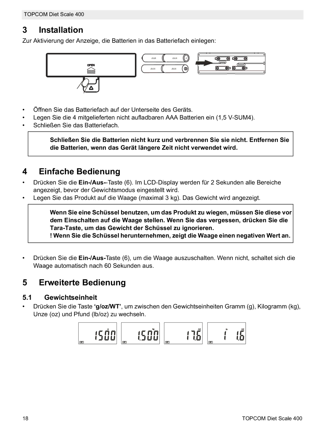 Topcom 400 manual do utilizador Einfache Bedienung, Erweiterte Bedienung, Gewichtseinheit 