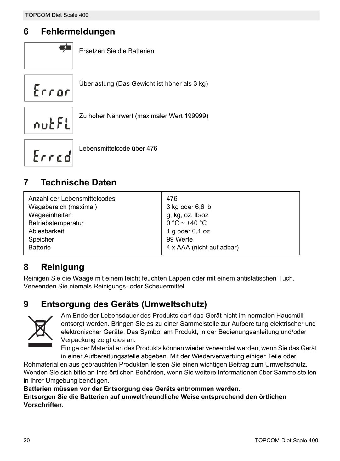 Topcom 400 manual do utilizador Fehlermeldungen, Technische Daten, Reinigung, Entsorgung des Geräts Umweltschutz 