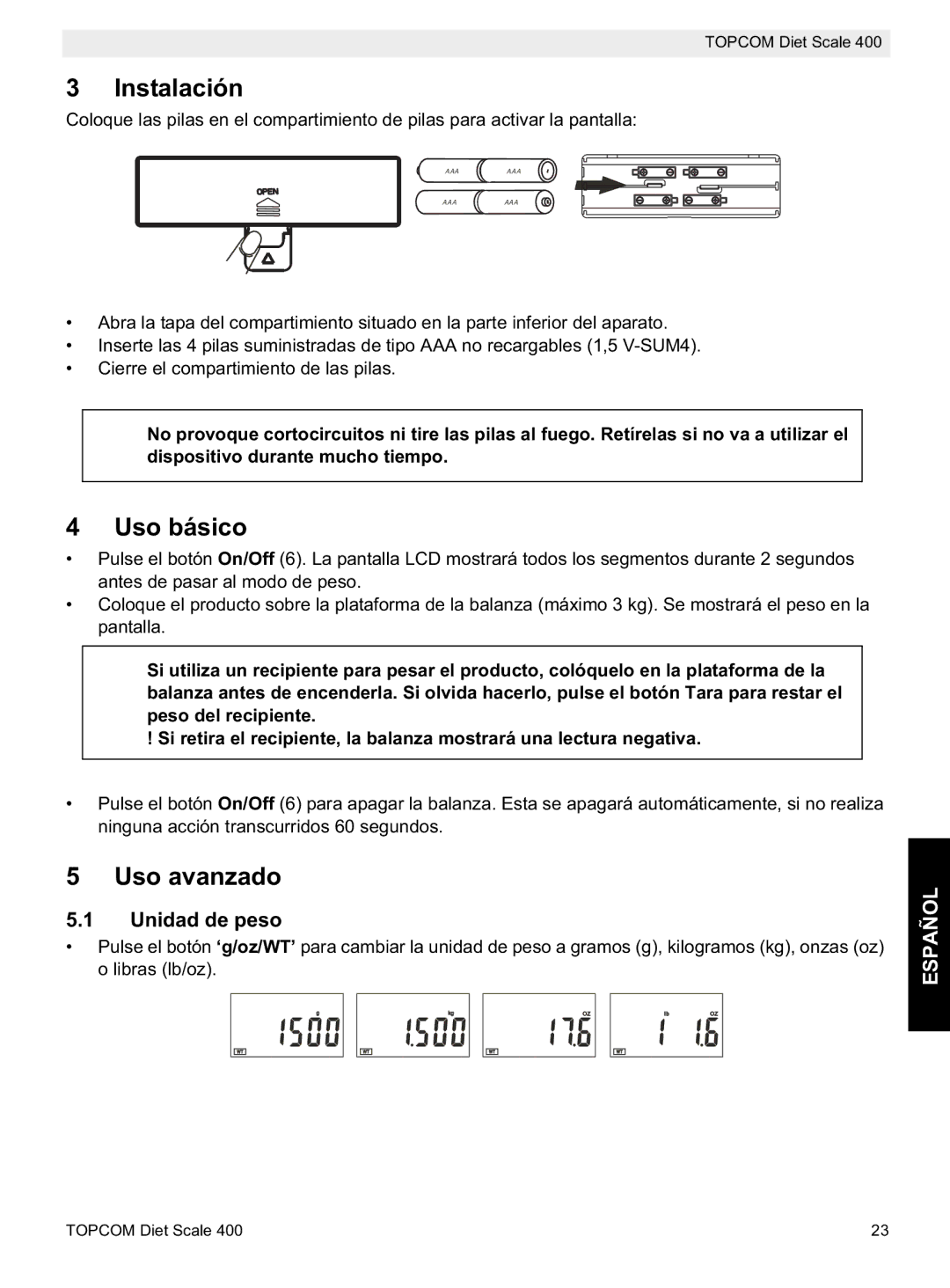 Topcom 400 manual do utilizador Instalación, Uso básico, Uso avanzado, Unidad de peso 