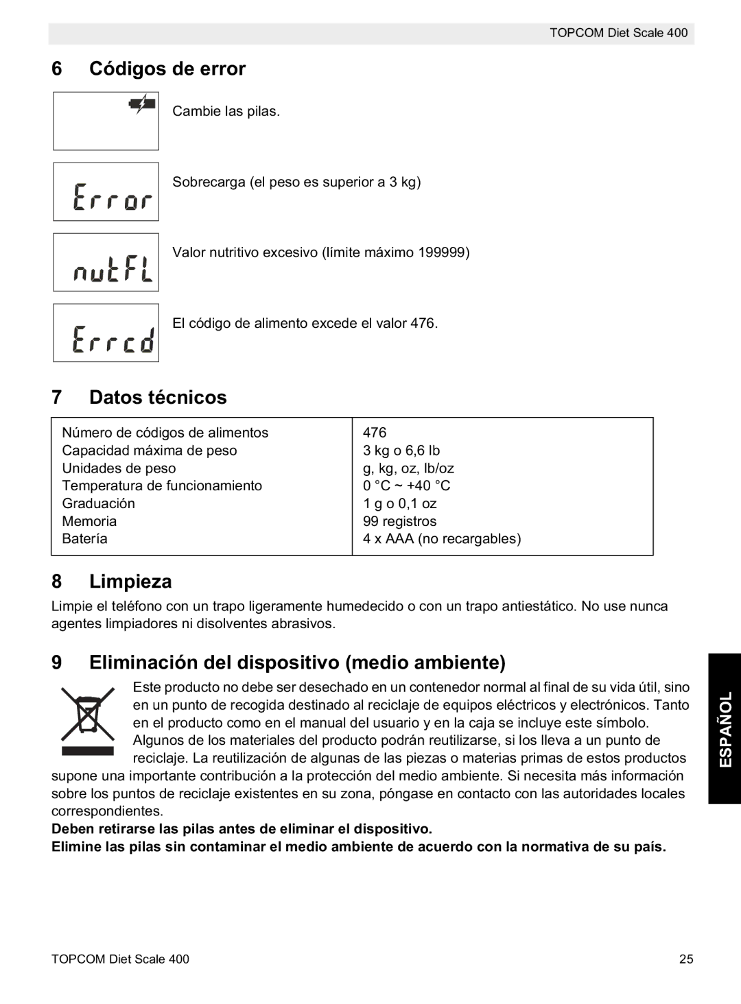 Topcom 400 manual do utilizador Códigos de error, Datos técnicos, Limpieza, Eliminación del dispositivo medio ambiente 