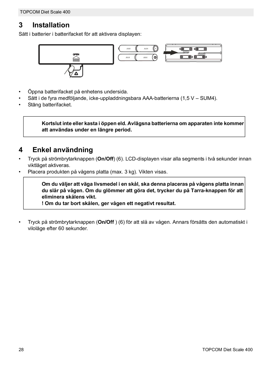 Topcom 400 manual do utilizador Installation, Enkel användning 