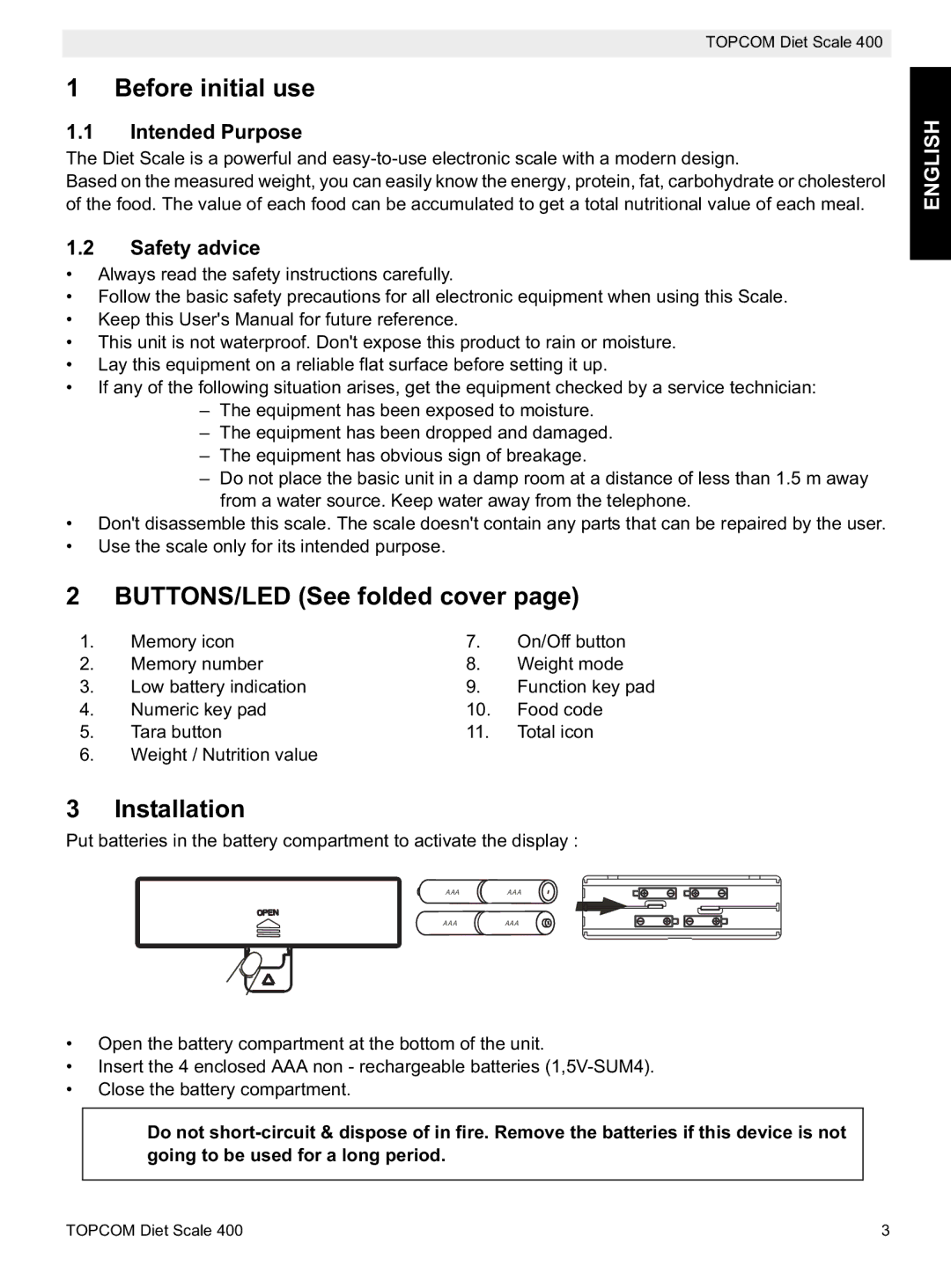 Topcom 400 Before initial use, BUTTONS/LED See folded cover, Installation, Intended Purpose, Safety advice 