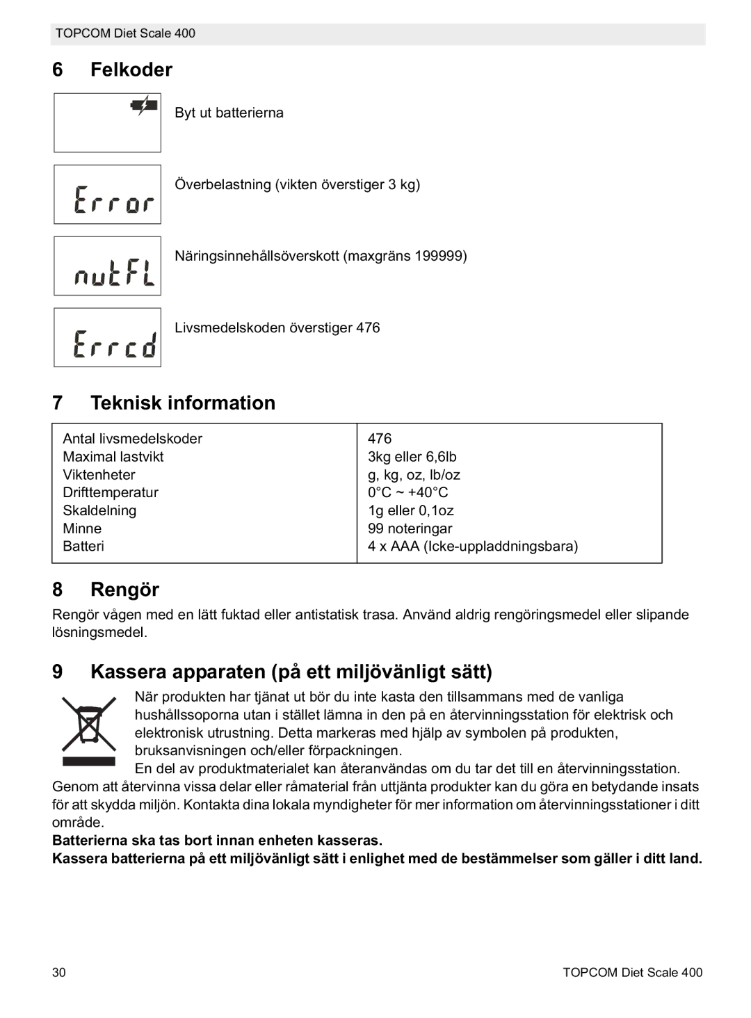 Topcom 400 manual do utilizador Felkoder, Teknisk information, Rengör, Kassera apparaten på ett miljövänligt sätt 