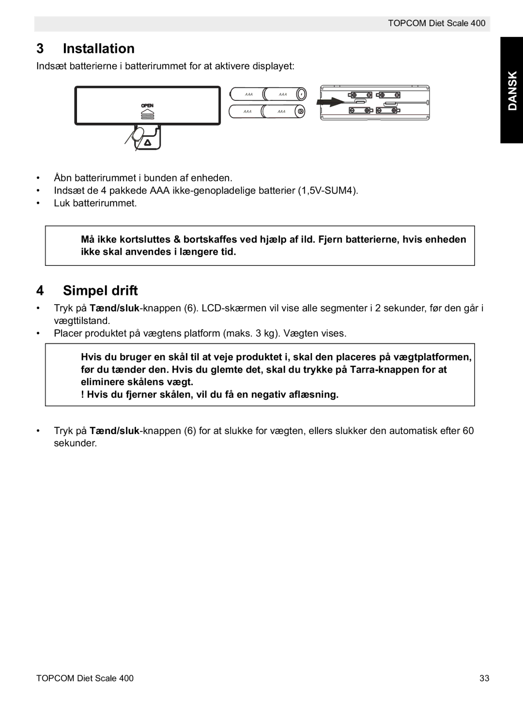 Topcom 400 manual do utilizador Installation, Simpel drift 