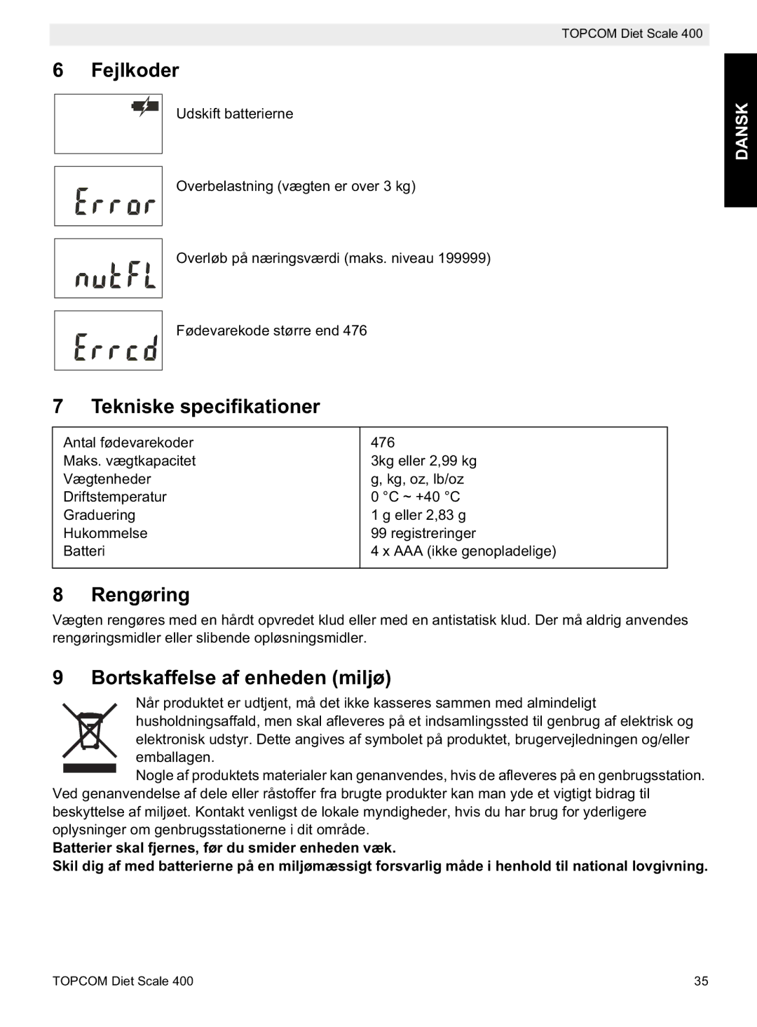 Topcom 400 manual do utilizador Fejlkoder, Tekniske specifikationer, Rengøring, Bortskaffelse af enheden miljø 