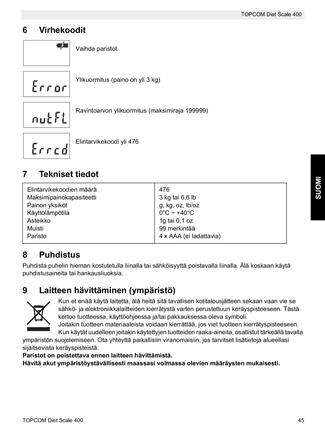 Topcom 400 manual do utilizador Virhekoodit, Tekniset tiedot, Puhdistus, Laitteen hävittäminen ympäristö 