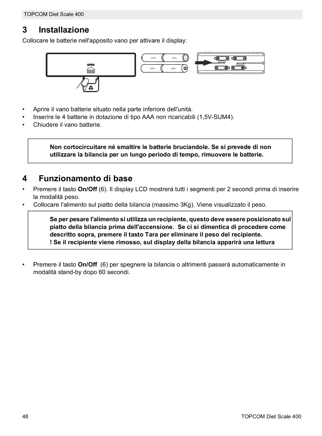 Topcom 400 manual do utilizador Installazione, Funzionamento di base 