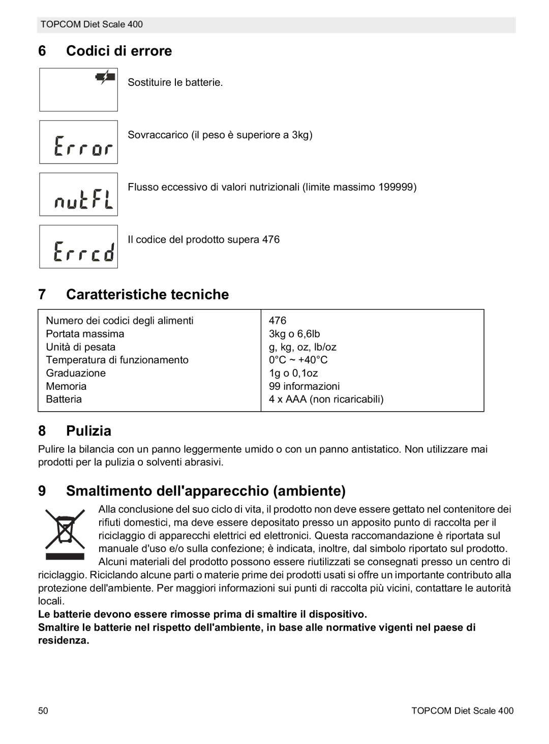 Topcom 400 manual do utilizador Codici di errore, Caratteristiche tecniche, Pulizia, Smaltimento dellapparecchio ambiente 