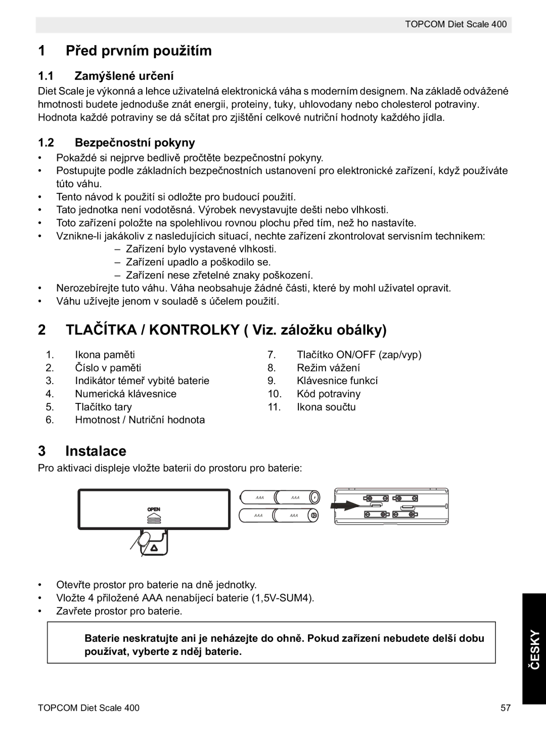 Topcom 400 manual do utilizador TLAiz. záložku obálky, Instalace, Zamýšlené urení, Bezpe 