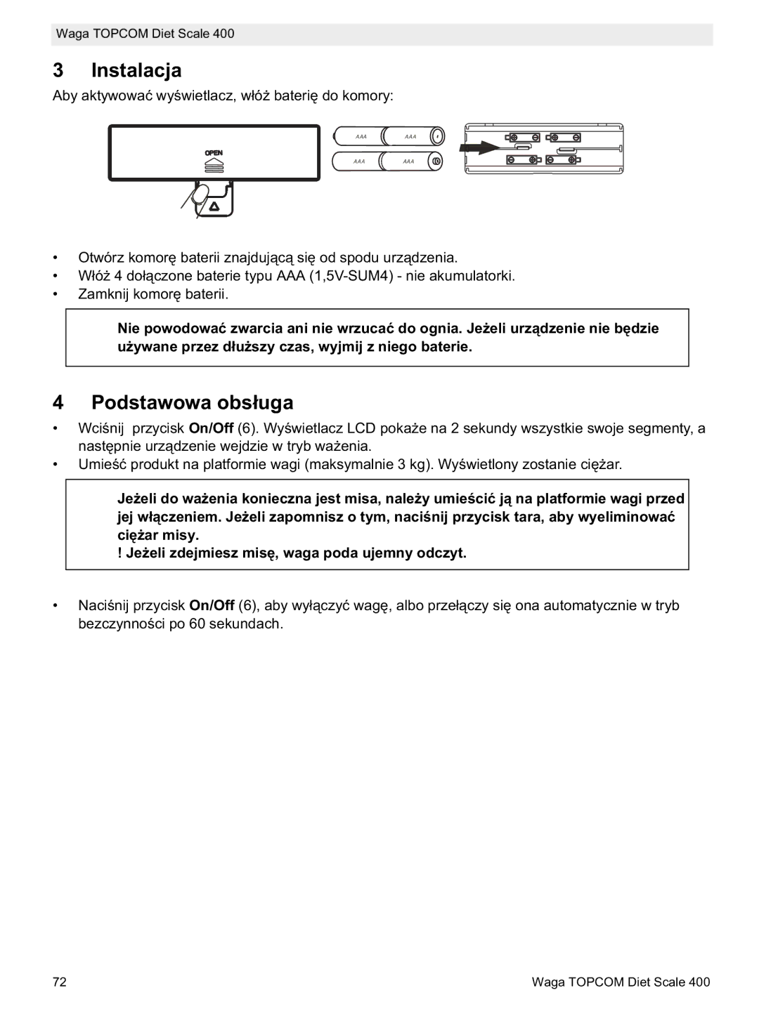 Topcom 400 manual do utilizador Instalacja, Podstawowa obs 