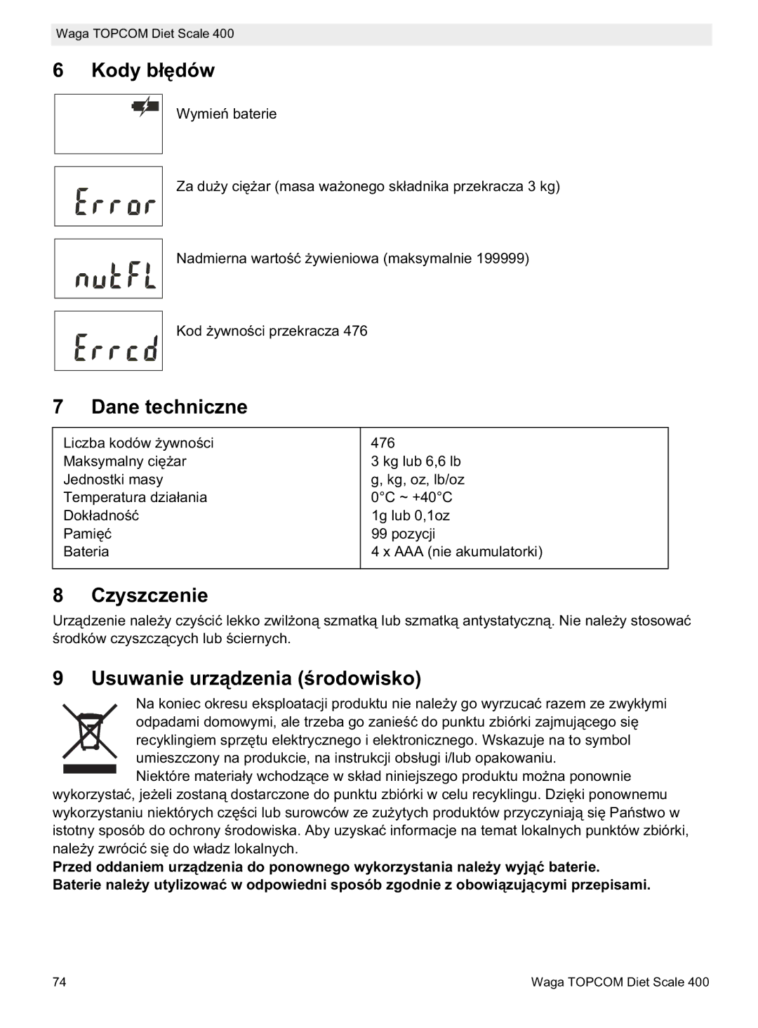 Topcom 400 manual do utilizador Kody b, Dane techniczne, Czyszczenie, Usuwanie urzsko 