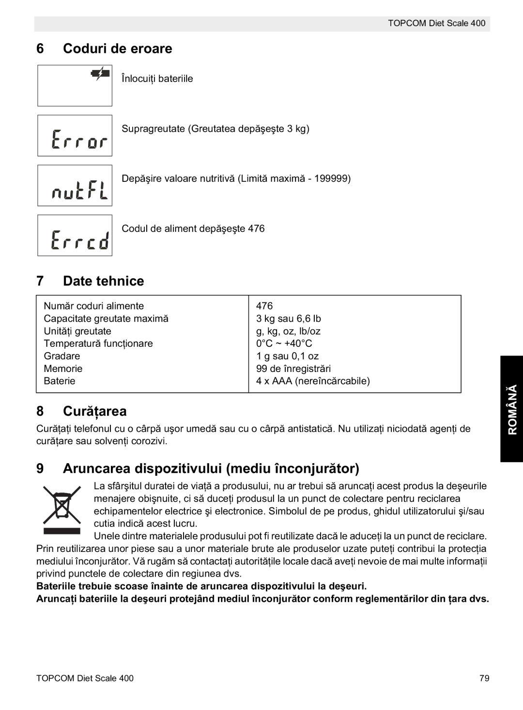 Topcom 400 manual do utilizador Coduri de eroare, Date tehnice, Currea, Aruncarea dispozitivului mediu înconjurtor 