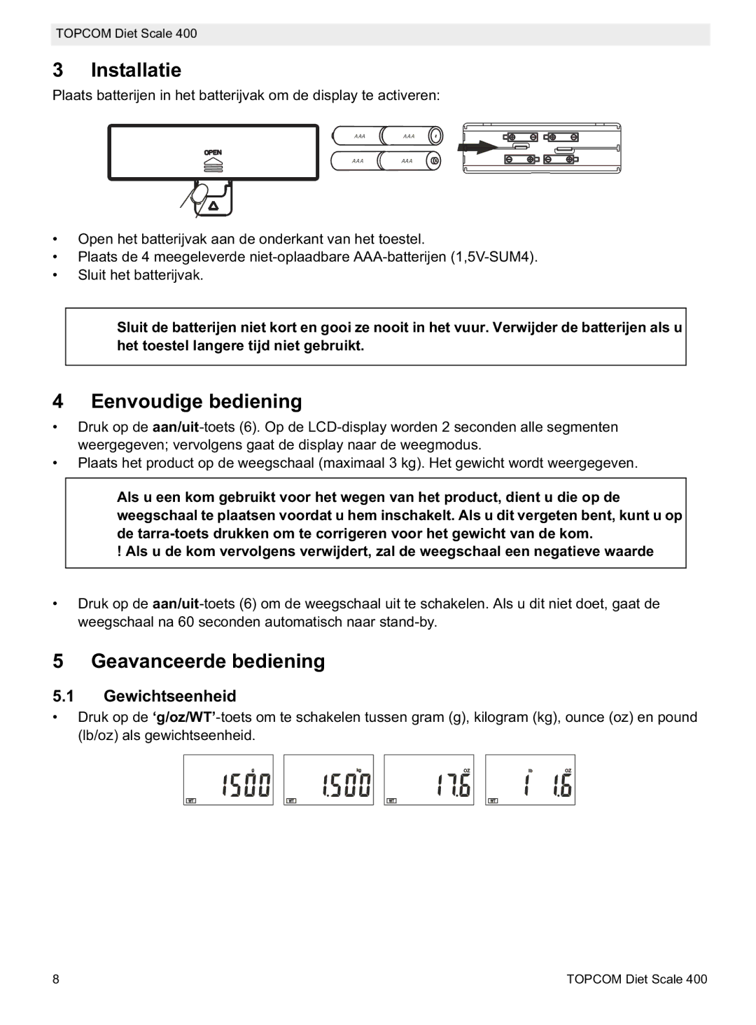 Topcom 400 manual do utilizador Installatie, Eenvoudige bediening, Geavanceerde bediening, Gewichtseenheid 