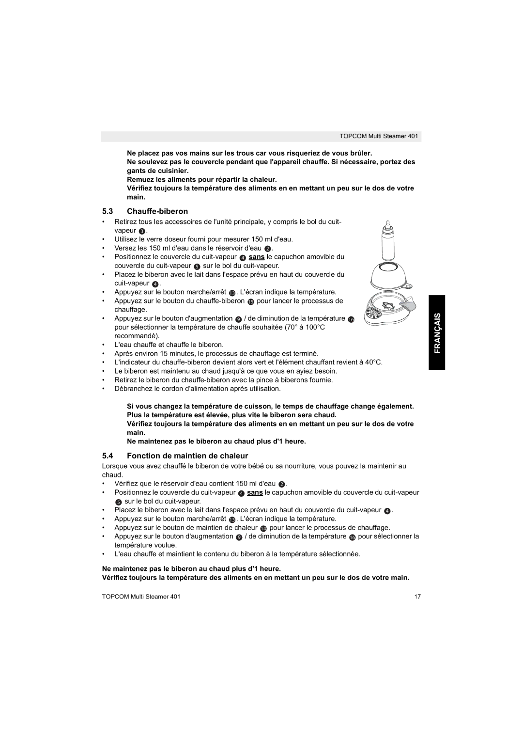 Topcom 401 manual do utilizador Chauffe-biberon, Fonction de maintien de chaleur 