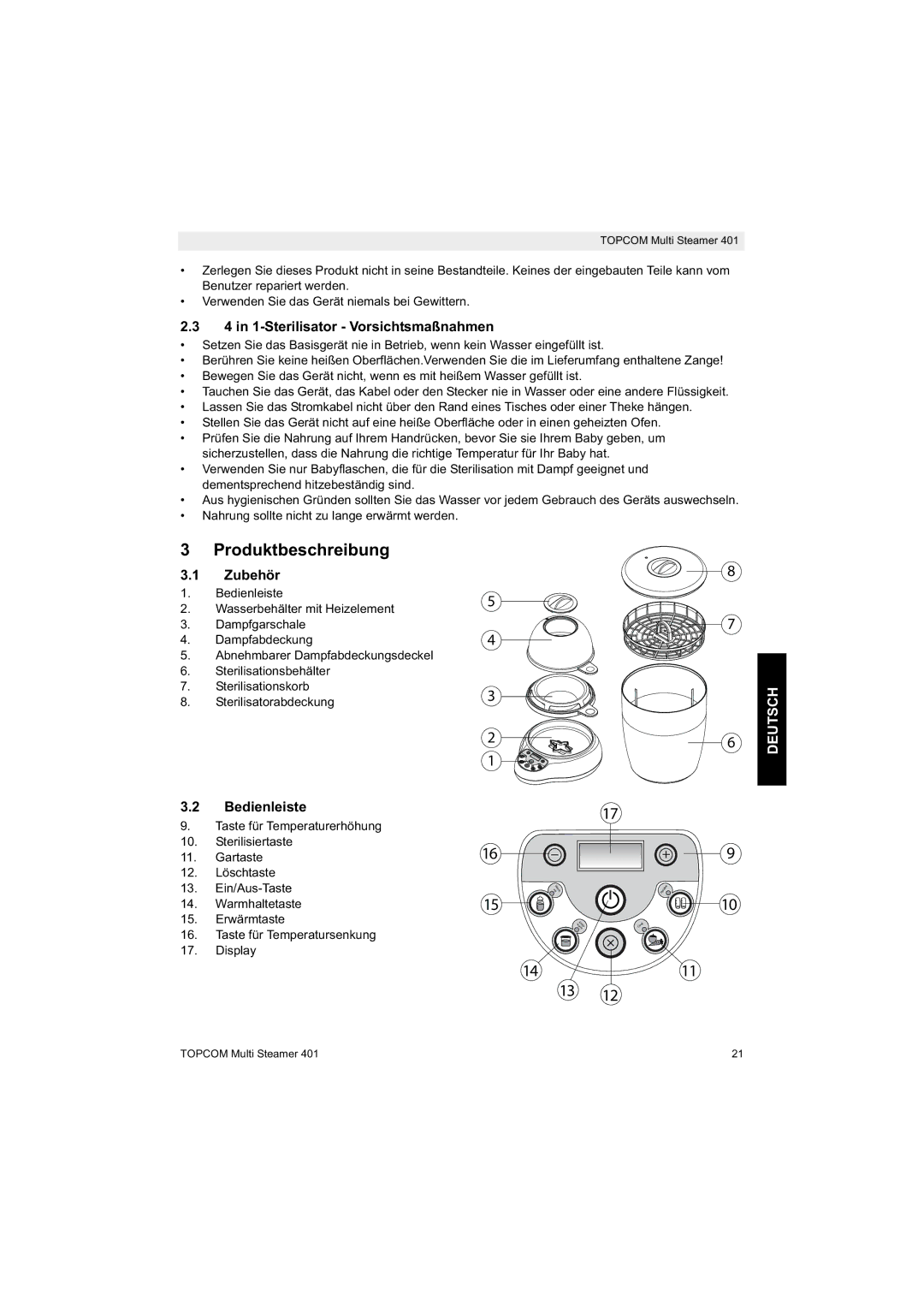 Topcom 401 manual do utilizador Produktbeschreibung, 4 in 1-Sterilisator Vorsichtsmaßnahmen, Zubehör, Deutsch, Bedienleiste 