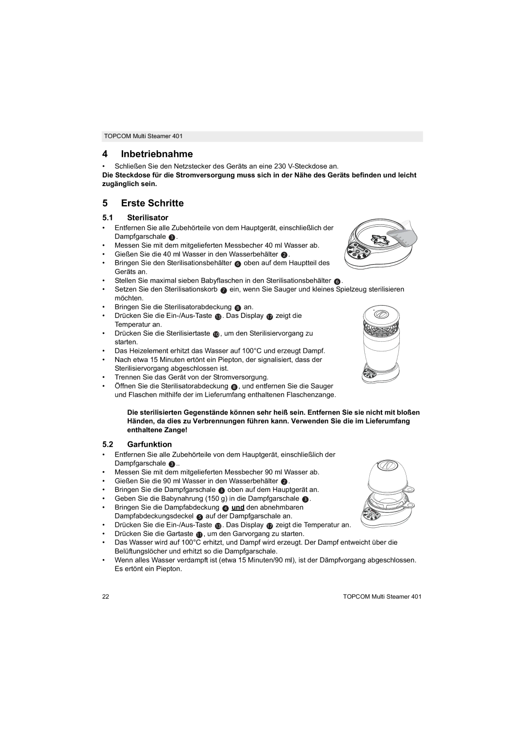 Topcom 401 manual do utilizador Inbetriebnahme, Erste Schritte, Garfunktion 