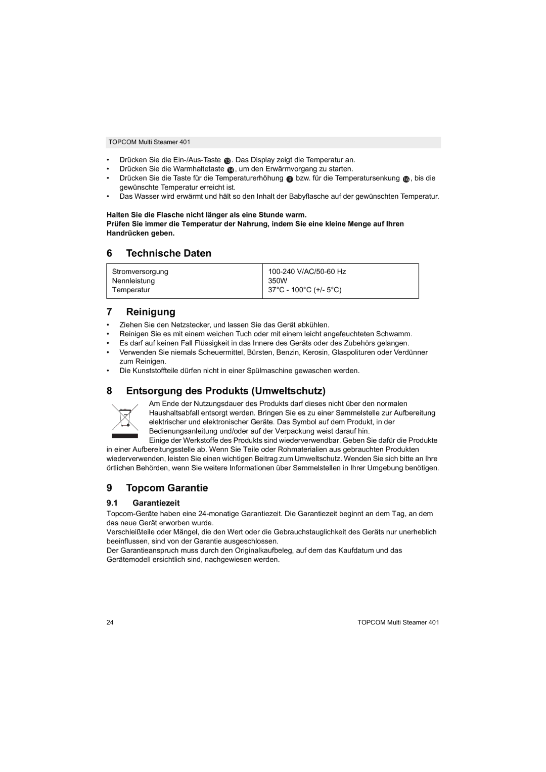 Topcom 401 Technische Daten, Reinigung, Entsorgung des Produkts Umweltschutz, Topcom Garantie, Garantiezeit 