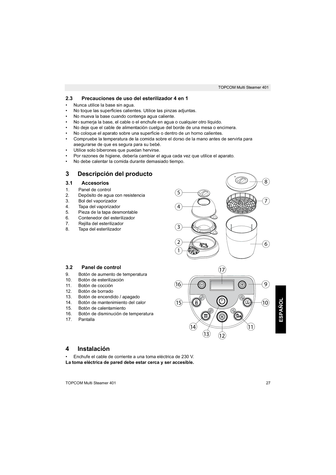 Topcom 401 manual do utilizador Descripción del producto, Instalación, Español 