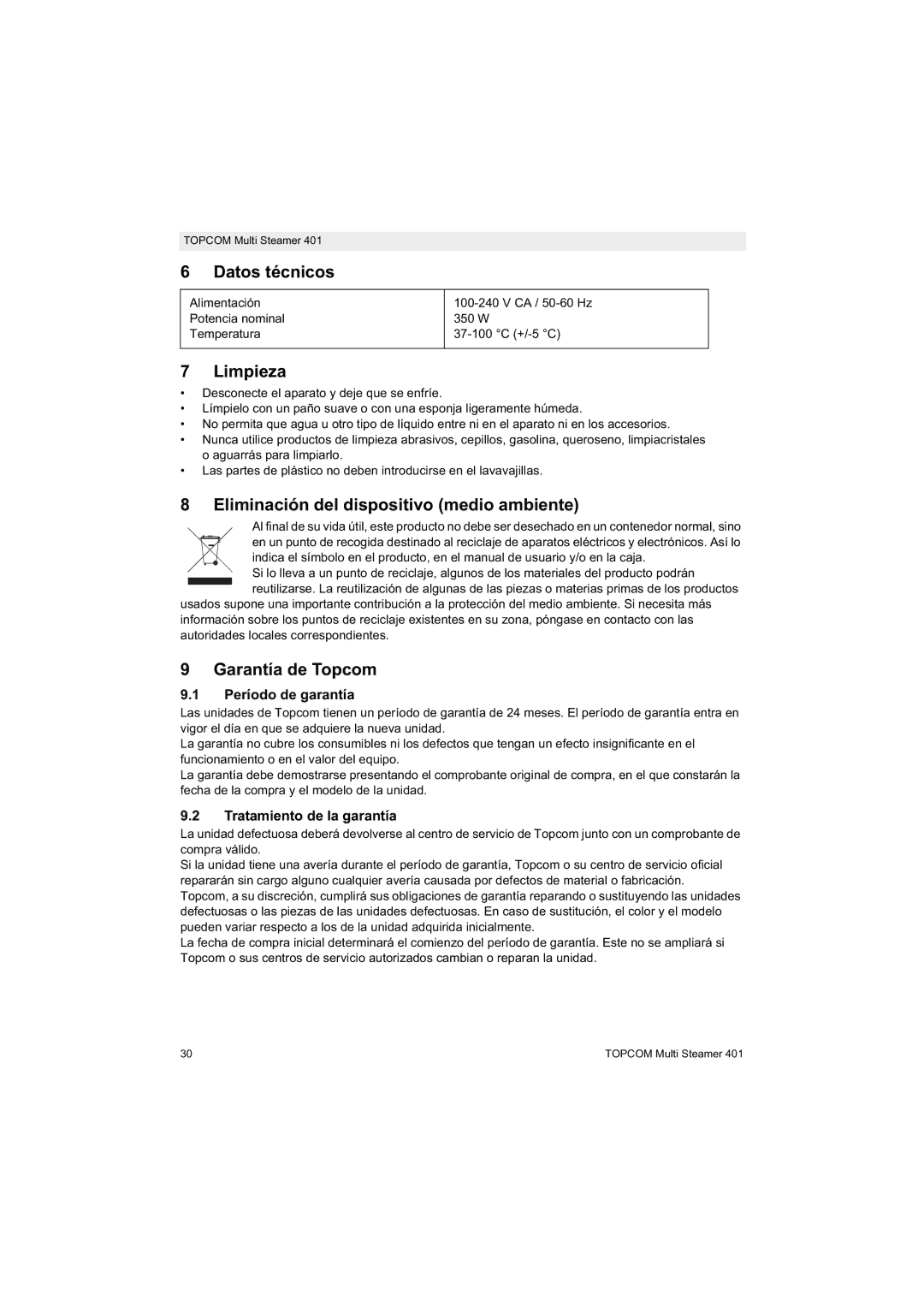 Topcom 401 manual do utilizador Datos técnicos, Limpieza, Eliminación del dispositivo medio ambiente, Garantía de Topcom 