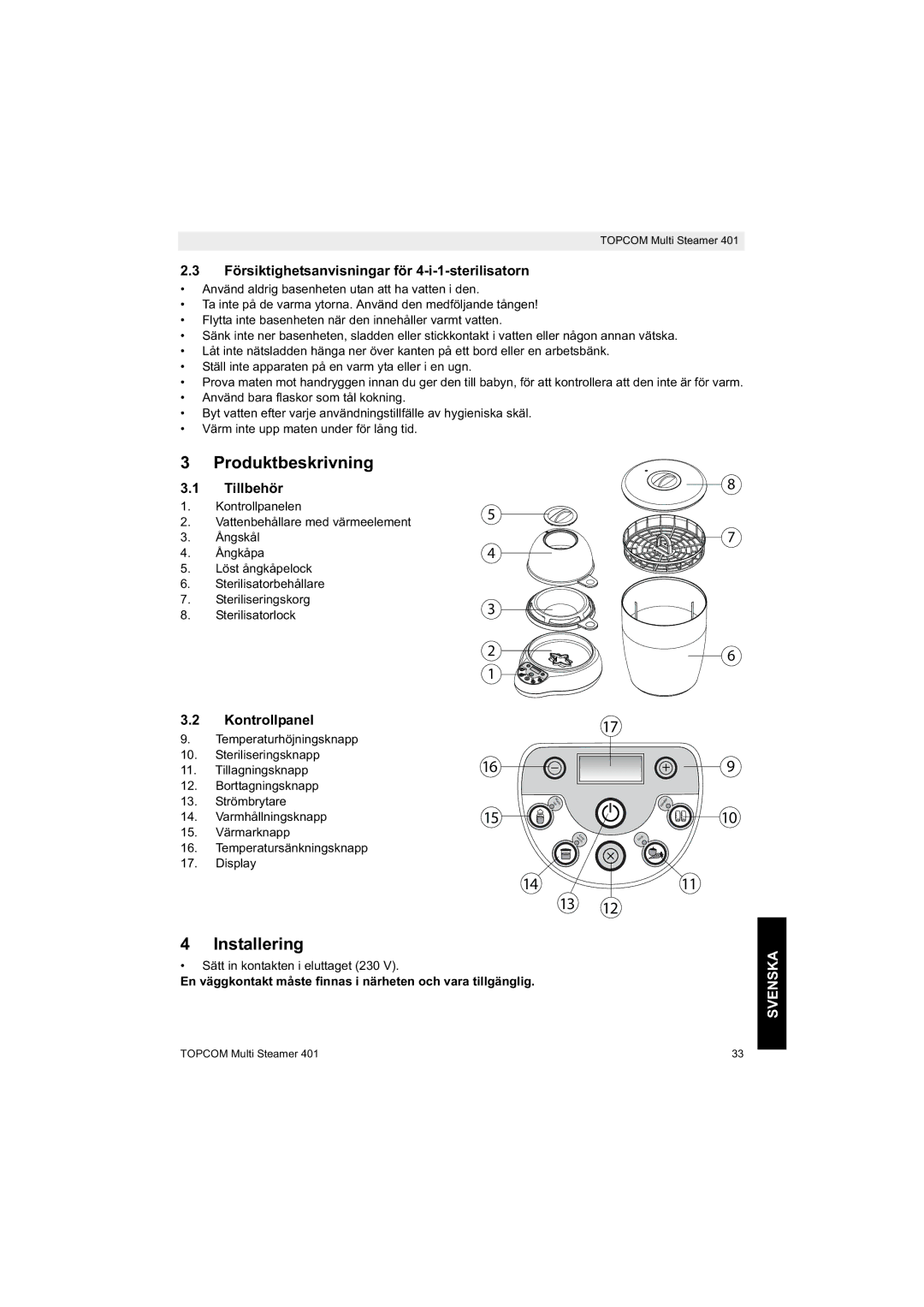 Topcom 401 manual do utilizador Produktbeskrivning, Installering, Tillbehör, Kontrollpanel, Svenska 