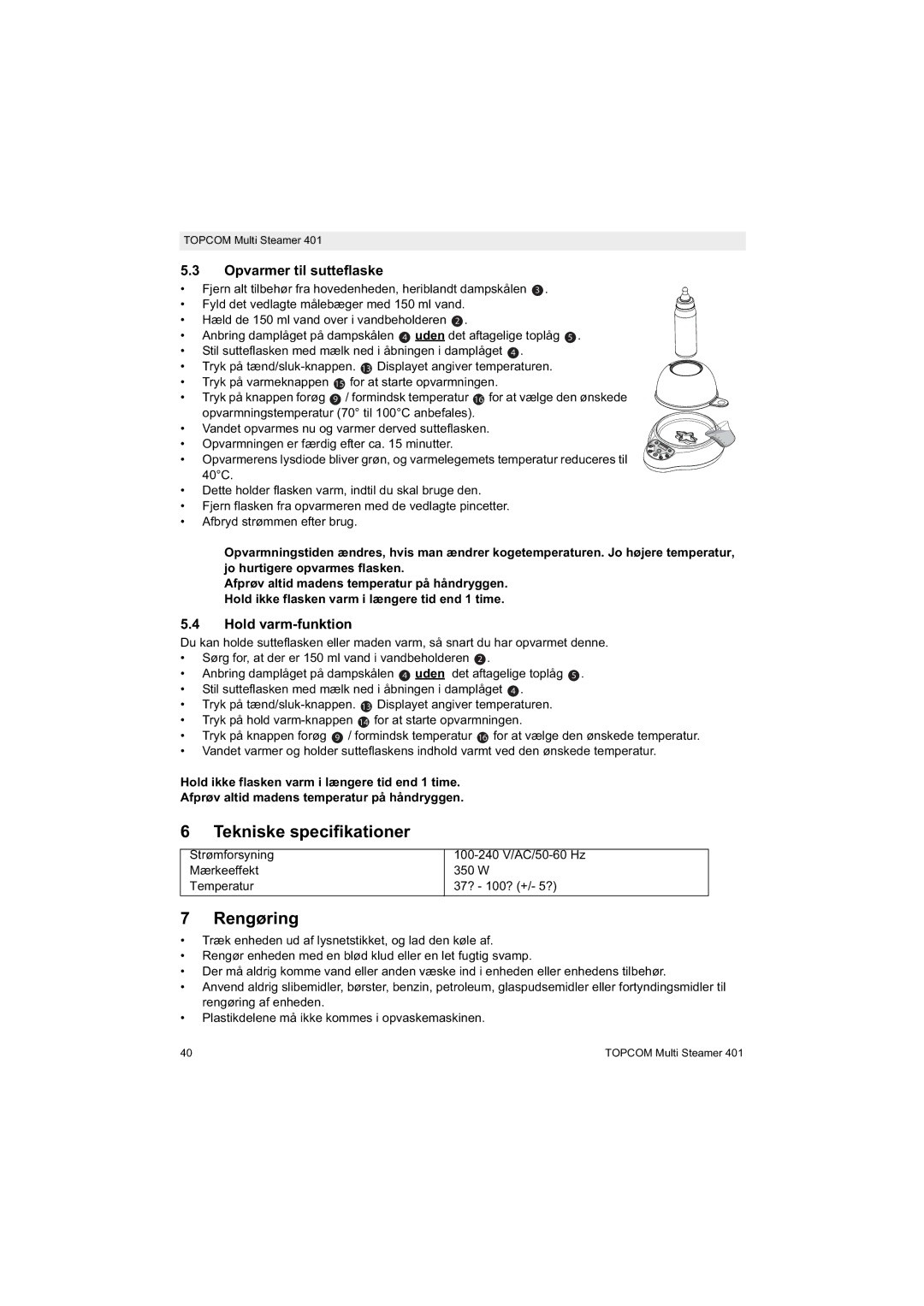 Topcom 401 manual do utilizador Tekniske specifikationer, Rengøring, Opvarmer til sutteflaske, Hold varm-funktion 