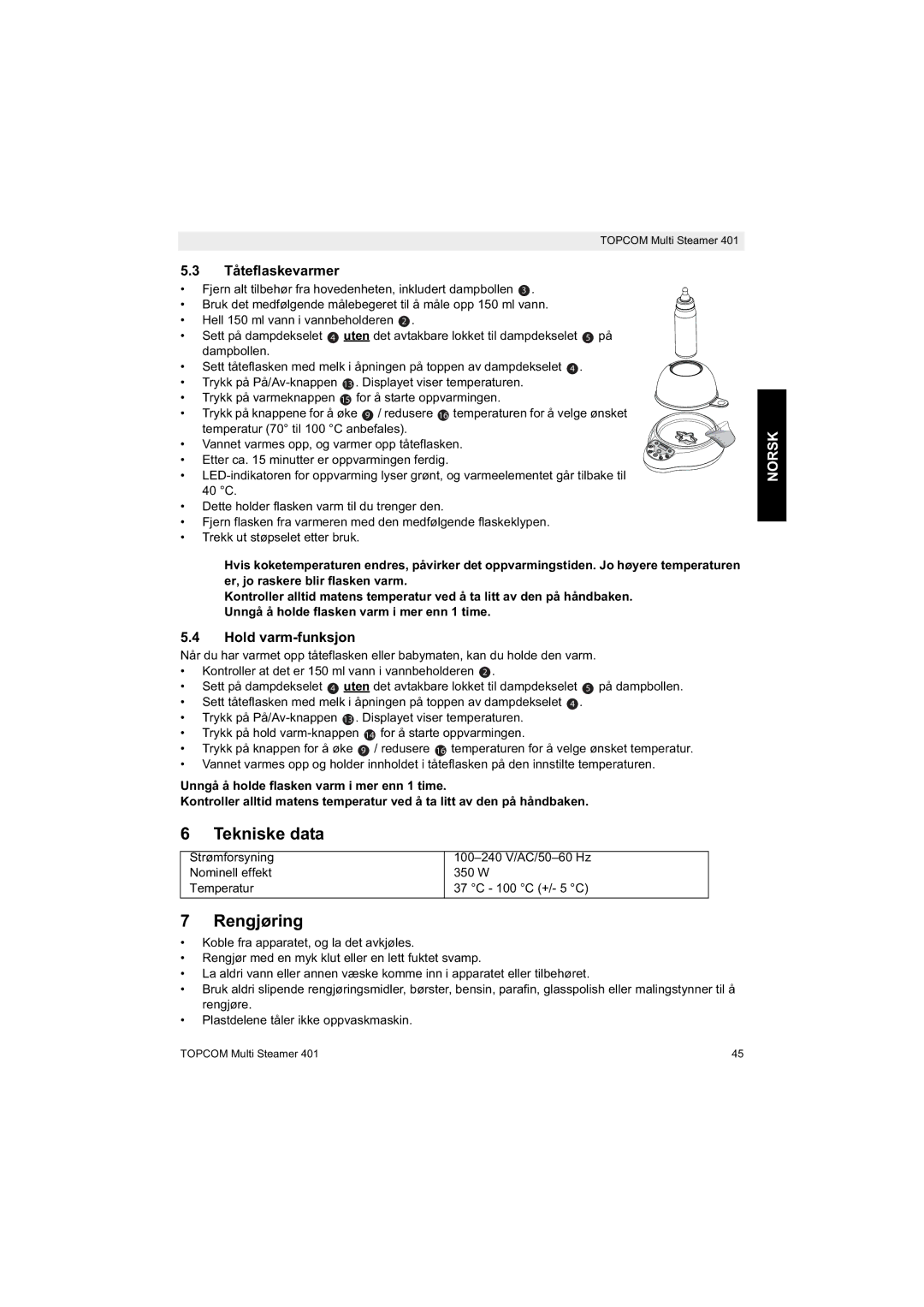 Topcom 401 manual do utilizador Tekniske data, Rengjøring, Tåteflaskevarmer, Hold varm-funksjon 