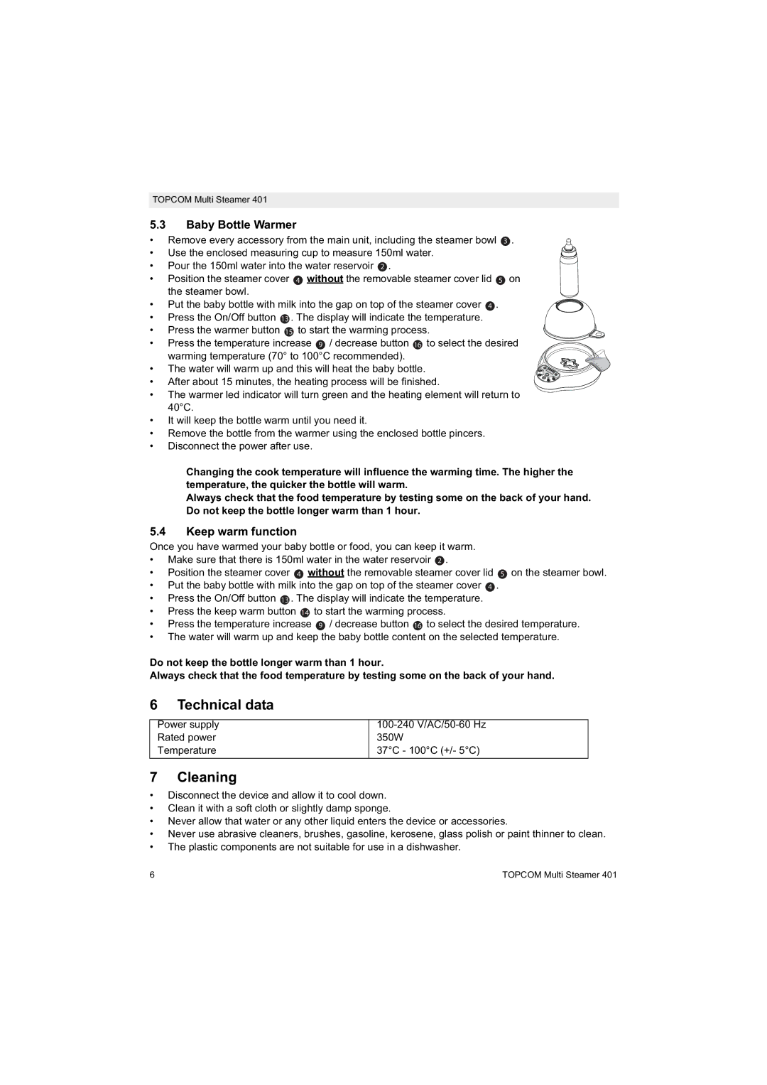 Topcom 401 manual do utilizador Technical data, Cleaning, Baby Bottle Warmer, Keep warm function 