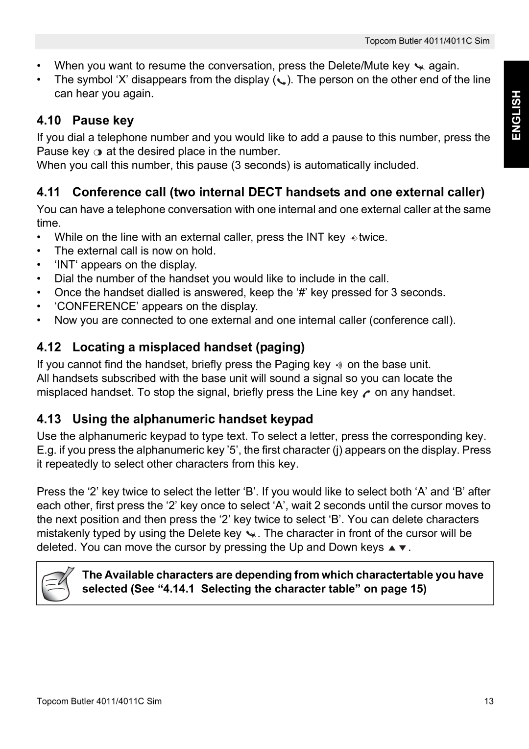 Topcom 4011C SIM, 4011 SIM manual Pause key, Locating a misplaced handset paging, Using the alphanumeric handset keypad 